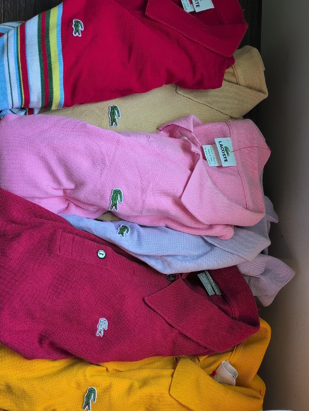 Lacoste Mens Sz 7 Set Of 6 Polo Shirt Lot Pink, Red, Yellow, BeigeLavender Multi